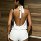 Folds Playsuits Women Metal Decoration Turtleneck Halter Bandage Backless Sleeveless Sexy  High Stretch Summer Outfits
