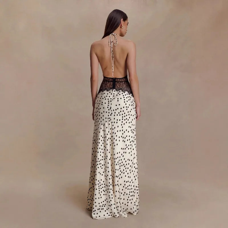 Lace and Satin Polka Dot Party Dresses for Woman Elegant Deep V Neck Backless Maxi Dress Summer 2026