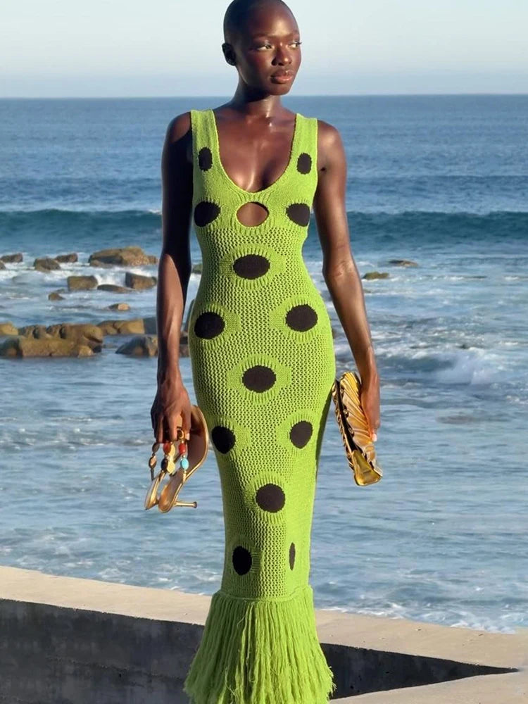 Knit Women Dress Beach Vacation Skinny Stretch Sleeveless Hollow Dot Tassel Hem Elegant Sexy Midnight Maxi Bodycon