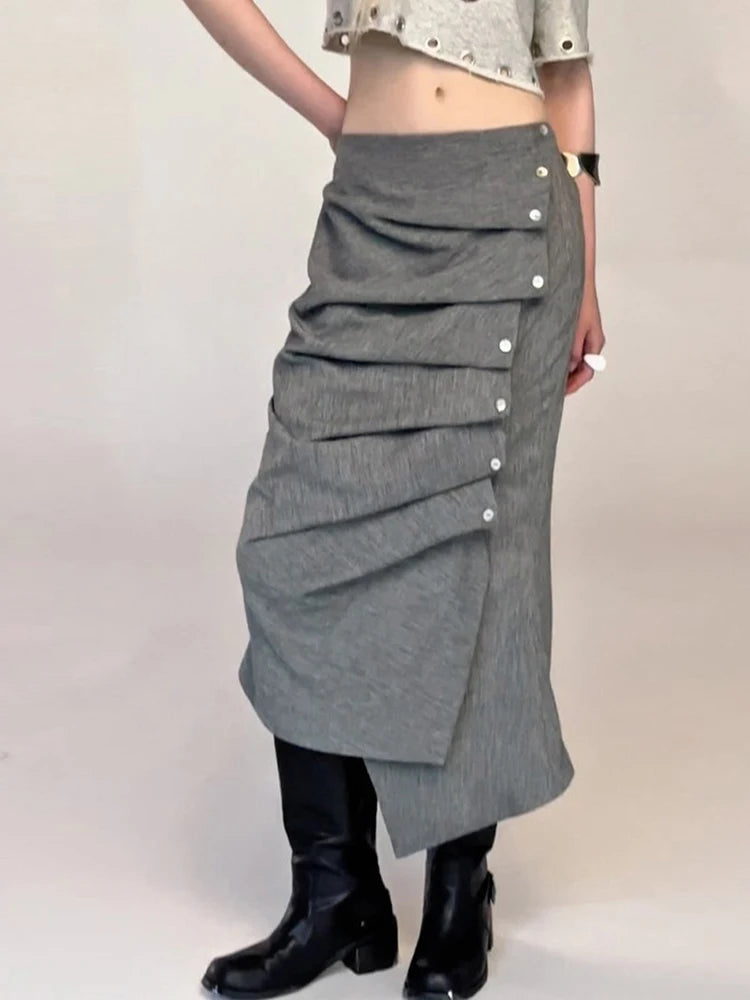 Sexy Ruched Bottom Women Button Zip Mid-Calf Skinny Peach Hip Simple Elegant Wild Collegiate Style Commute Streetwear