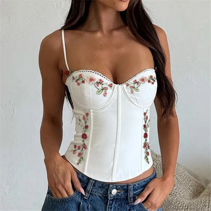 Floral Embroidered Corset Top Women Spaghetti Strap Scalloped Trim Bustier Crop Top Sexy Y2K Coquette Aesthetic Camisole