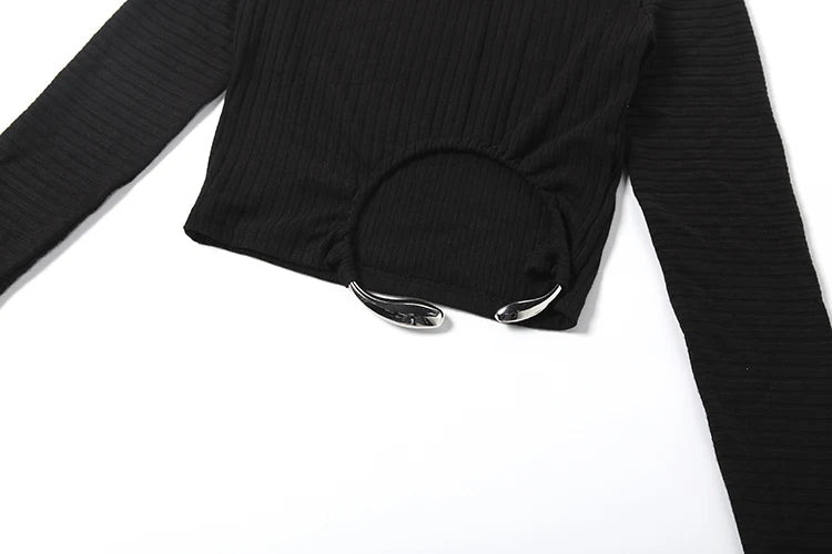 Irregular Hem Crop Tops Women Metal Ring Decoration o-Neck Full Sleeve Daily Fashion Casual Daily Elasticity Streetwear