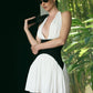 Patchwork Halter Backless Sexy Mini Dress Women Elegant Fashion V Neck Sleeveless High Waist Pleated Club Party Dresses