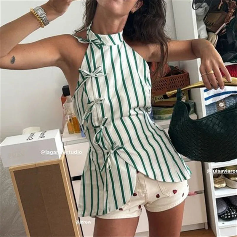 Women's Oriental Striped Halter Neck Top Chinese Knot Button Side Asymmetric Hem Backless Summer Casual Blouse