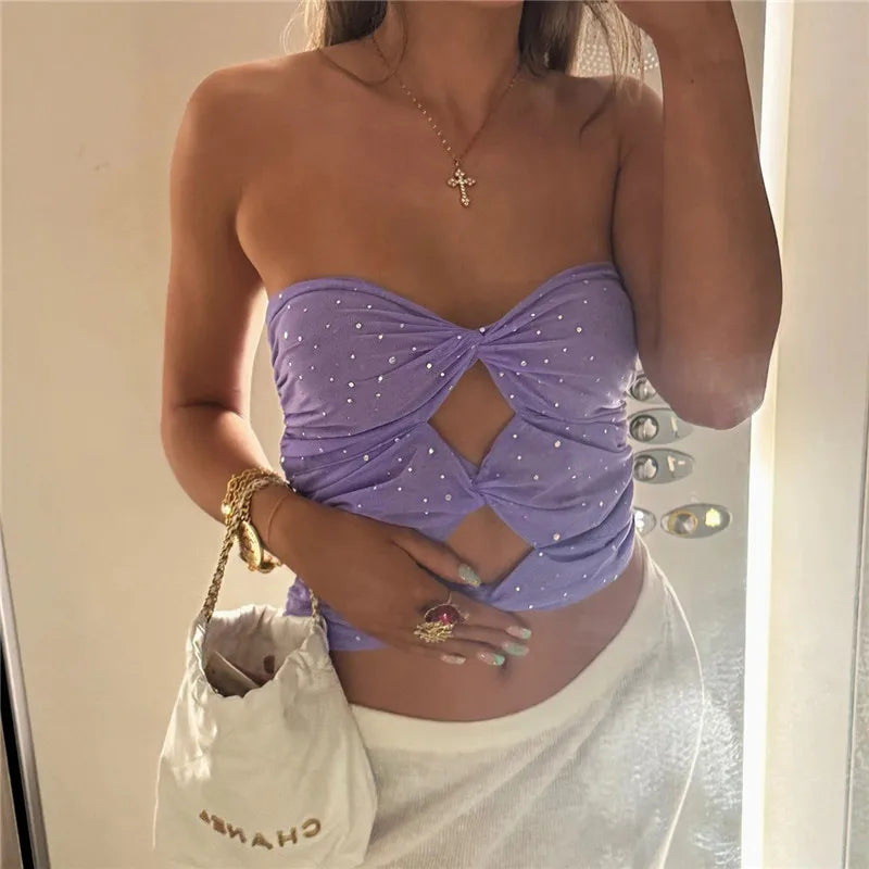 Women Rhinestones Tube Tops Shimmer Twist Cutout Ruched Off-Shoulder Bandeau Backless Shirts Summer Y2K Streetwear