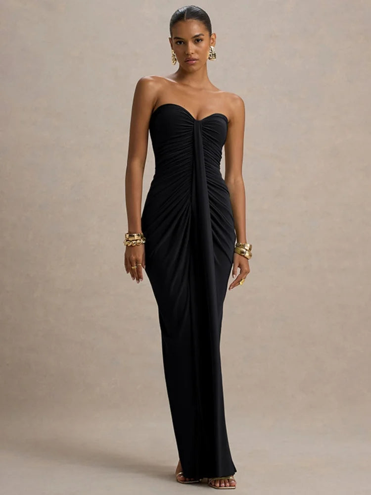 Strapless Ruched Long Maxi Dress for Woman Elegant Sexy Solid Evening Party Dresses Autumn 2025