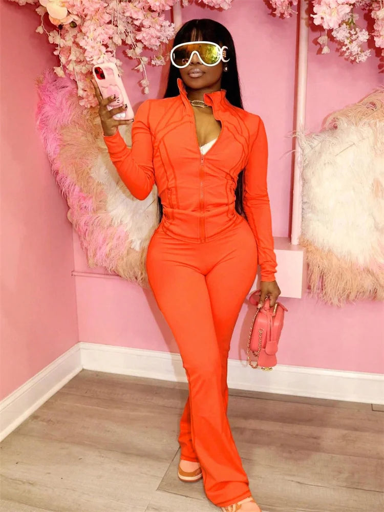 Sporty 2-Piece Set Women Tracksuit Zip o-Neck Hollow Long Sleeve Coat+Stretch Trouser Simple Daily Street Outfits