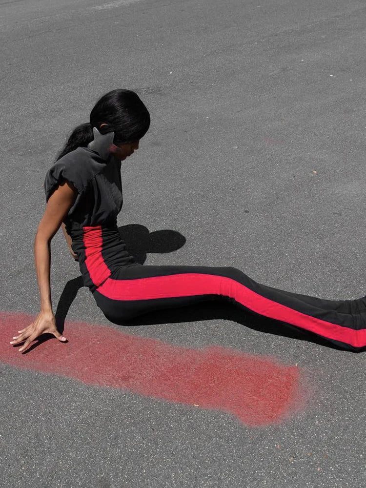 Ankle Split Long Pants Women Patchwork Sporty High Waist Skinny Streetwear Simple Fall Fashion Casual Basic Trousers