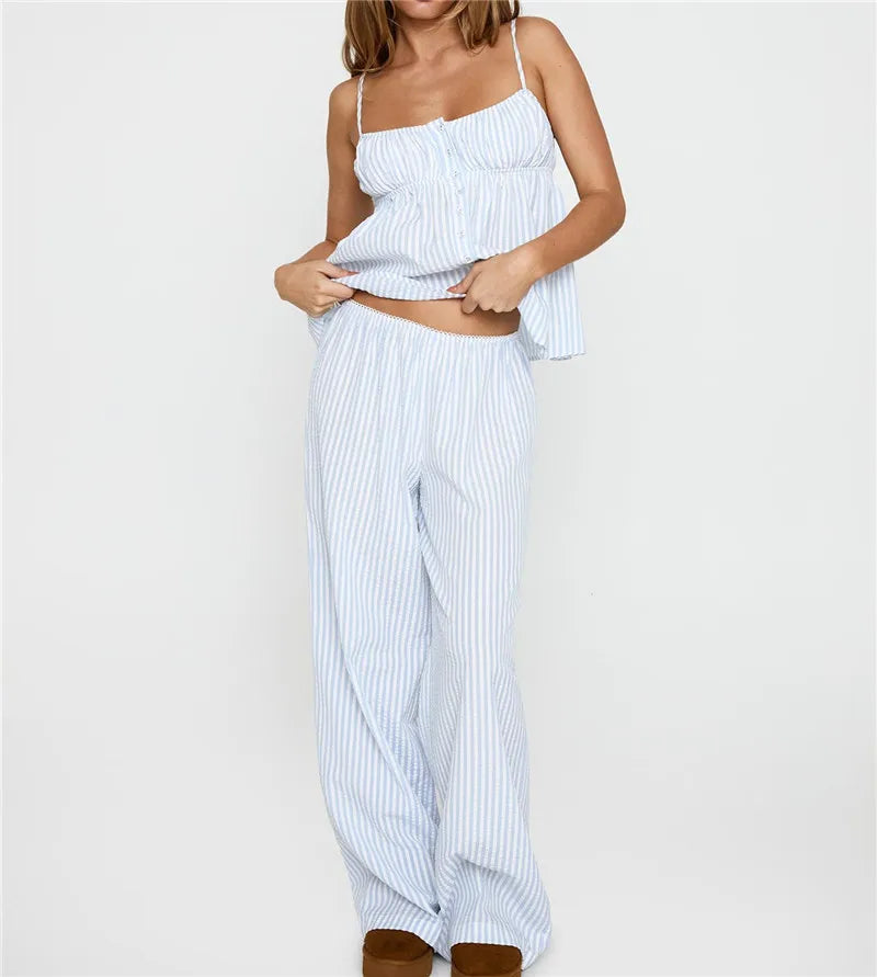Striped Spaghetti Strap Peplum Top And Wide Leg Pants 2 Piece Set Women Casual Loungewear For Summer Beach Vacation