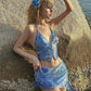 Sexy Glitter 2 Piece Set Women Y2K Sequins Halter V-Neck Backless Tops+Side Tassel Skirts Beach Party Matching Suits