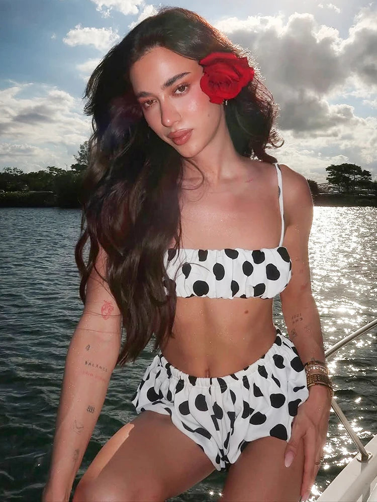 Polka Dot Print 2 Piece Set Women Fashion Ruched Bra Camisole+Elastic Waist Mini Shorts Sexy Beach Vacation Clubwear
