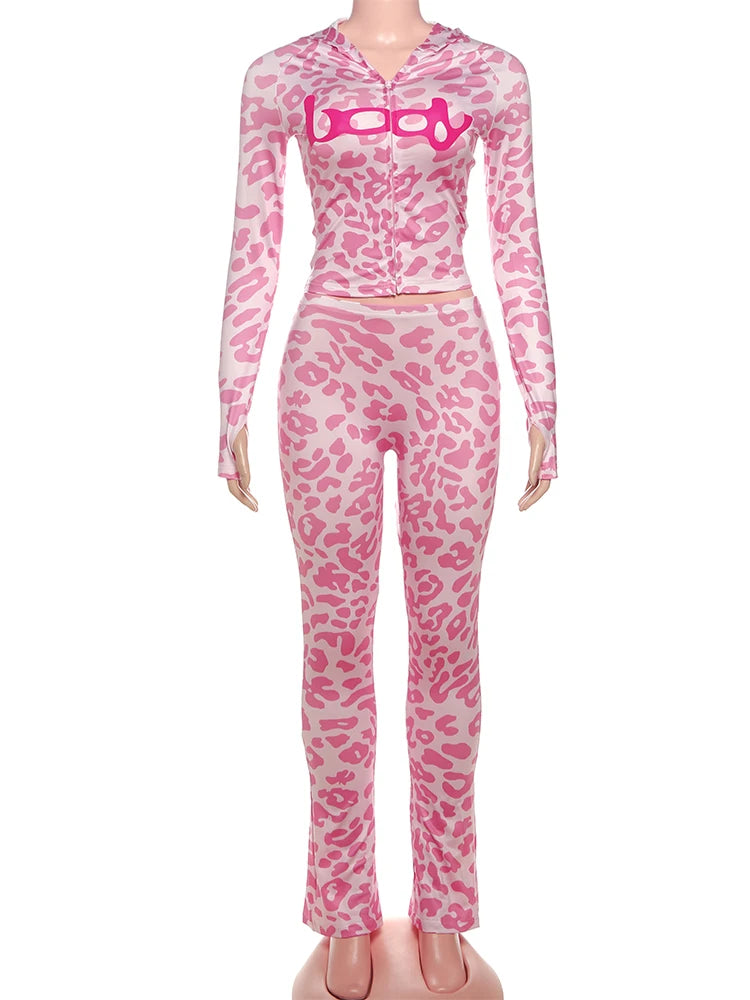 Letter Leopard Print 2 Piece Set Women Casual Zip Hooded Crop Jacke+Leggings Matching Stretch Sporty Street Outfits