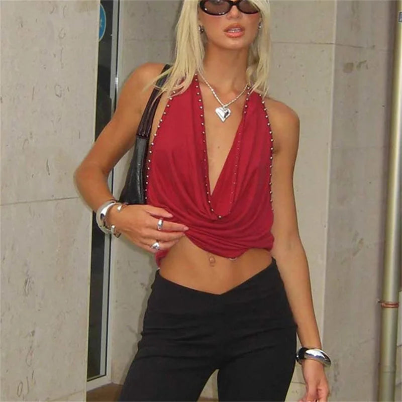 Sexy Women's Studded Trim Decor Lace-up Halter Tank Tops Summer Fashionable Slim Fit Draped Cowl Neck Y2k Backless Vest