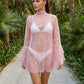 Coastal Beach Sheer Lace Cover Up Mini Dress High Neck Flare Sleeve Bikini Wrap Vacation Resort Swim Outerwear