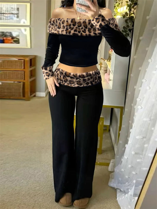 Wild Fluff Leopard Two Piece Set Women Slash Neck Backless Full Sleeve Crop Tops+Skinny Pants High Street Style Suits