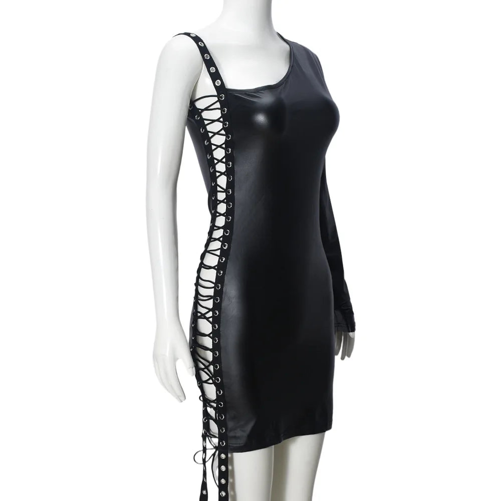 Y2K Gothic One Shoulder Single Sleeve Faux Leather Dress Side Lace Up Cutout Ruched Bodycon Mini Dress Party Clubwear
