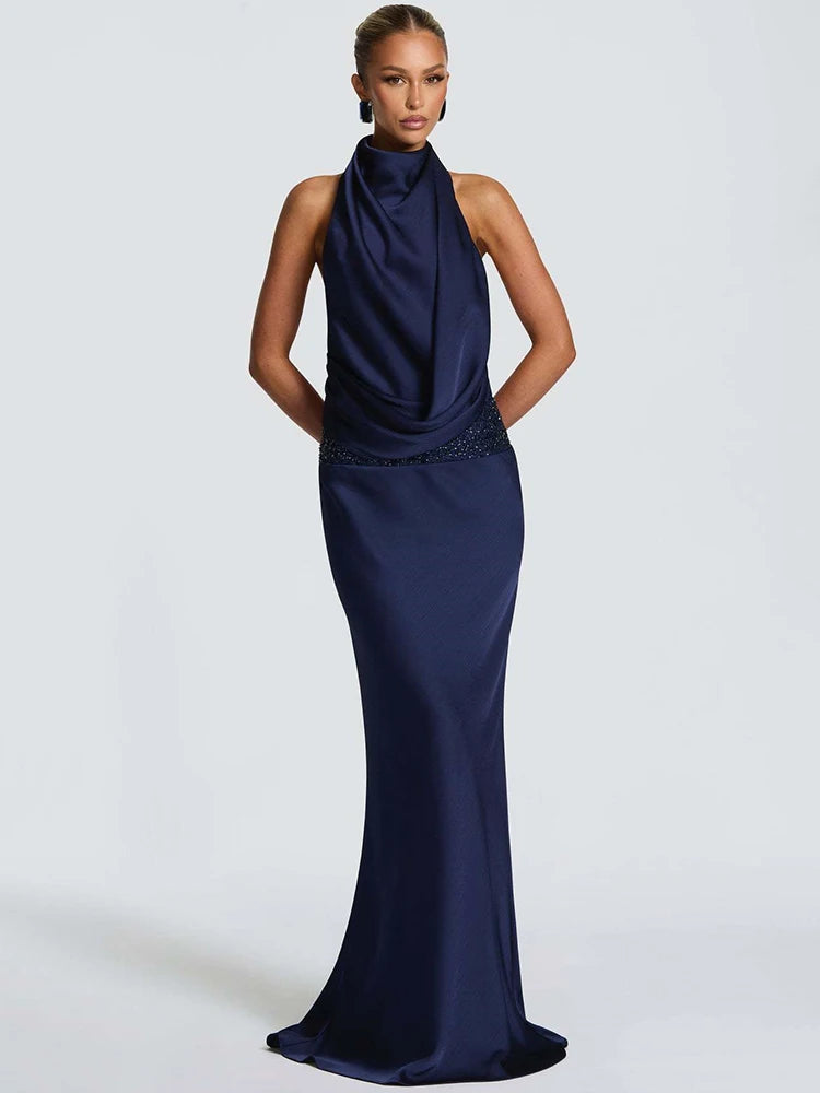 Halter Bckless Sexy Maxi Dress Women Gown Elegant Off-shoulder Sleeveless Draped Ruched Bodycon Club Party Long Dress