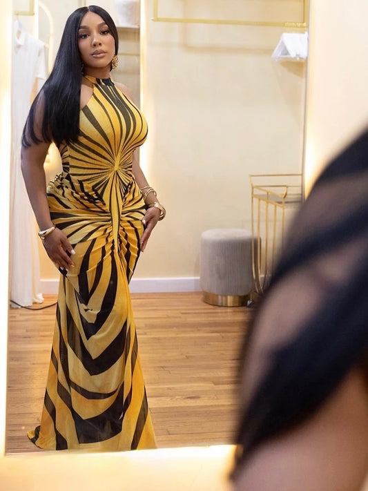 Off Shoulder Stripe Patchwork Long Dress Woman Summer Trend o-Neck Backless Midnight Club Party Sexy Fashion Vestidos