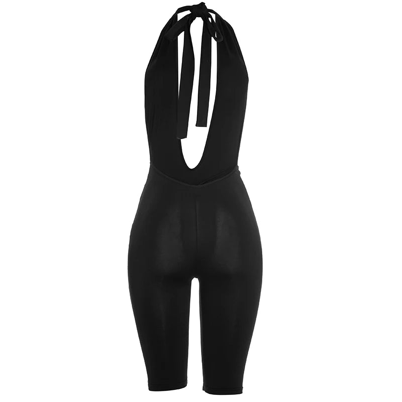 High Stretch  Backless Halter Rompers Women Sexy Classic Deep V-Neck Bandages Ruched Skinny Fashion Trend Street Clubwear