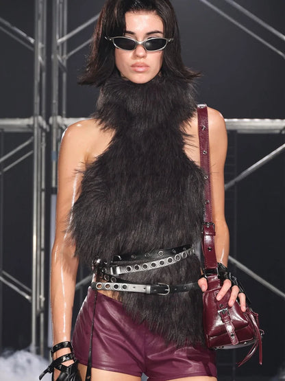 Furry Backless Tank Tops Women Halter Y2K Sashes Hollow Turtleneck Sexy Simple Street Clubwear Gothic Punk Slim Vest