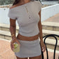 Solid Knit Off Shoulder 2 Piece Set Women Short Sleeve Button Front Crop Top Ruched Mini Skirt Summer Y2K Streetwear