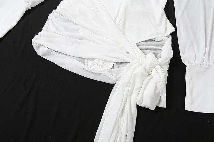 Sexy Backless Dress Women Polo-Neck See Through Full Sleeve Ruched Kink Ribbon Midnight Club Party Solid Mini Bodycon