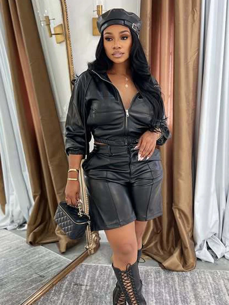 Simple Two-Piece Set Women Tracksuit Fall Zip Hooded Jacket+Shorts Matching Smooth Hipster Activity Streetwear Outfits