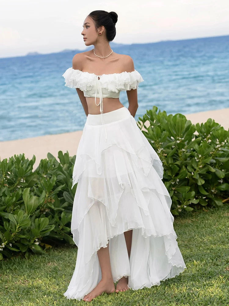 Elegant 2Piece Set Women Tierred Patchwork Bandage One Shoulder Tops+Irregular Hem Ruffles Skirts Vacation Chic Suits