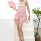 Backless Tassels Dress Women Patchwork Hollow Folds Sleeveless Summer Sweet Fashion Beach Party Midnight Mini Bodycon