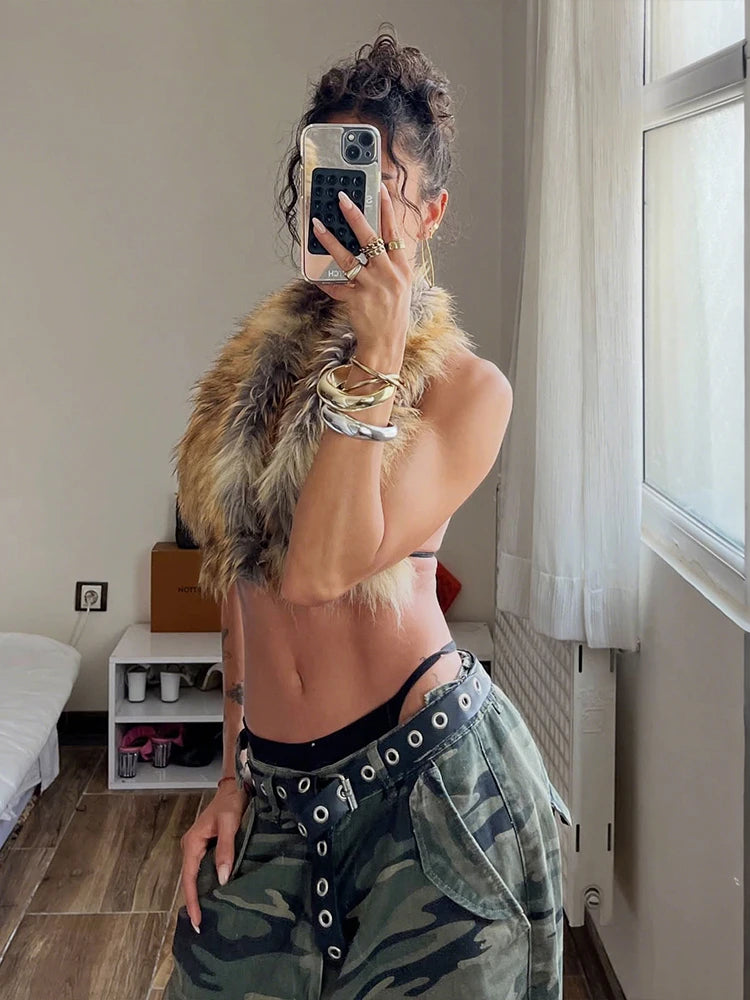 Sexy Furry Tank Top Women Halter Backless Leopard Simple Wild Gothic Punk Slim Hottie Street Midnight Clubwear Vest