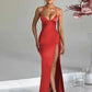 Elegant Satin Long Party Dresses for Women Strappy Halter Backless Split Maxi Dress Sexy Night Out Outfits