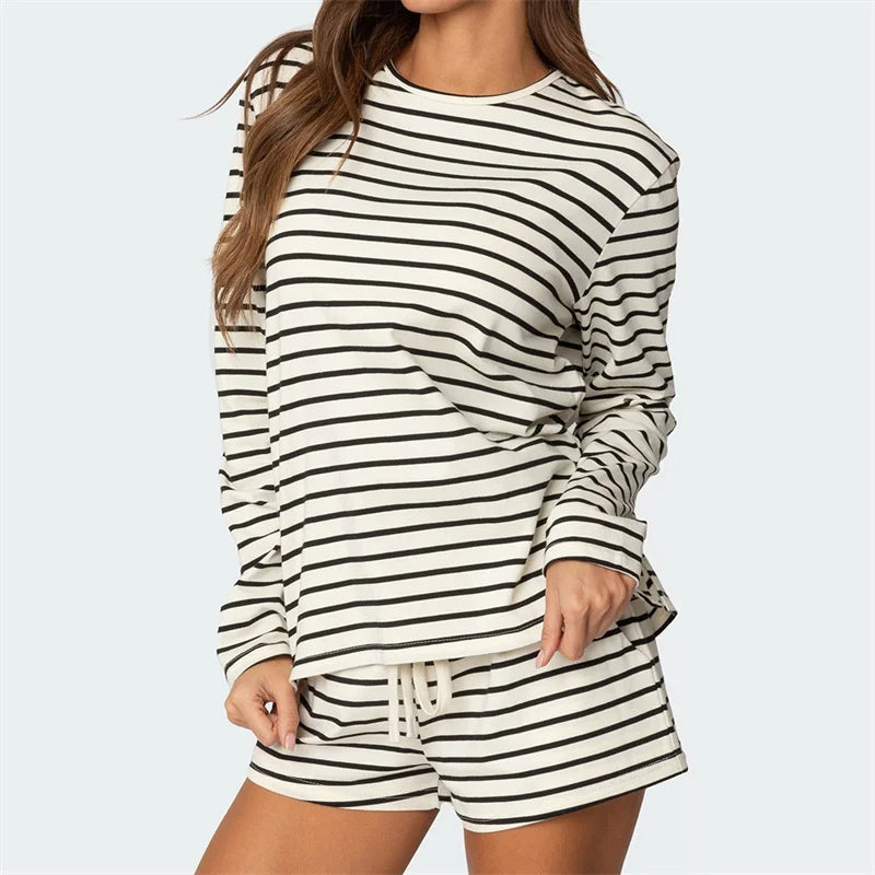 Women Striped Loungewear 2 Piece Casual Sleepwear Set Female Long Sleeve T shirt and Shorts Comfy Casual Homewear