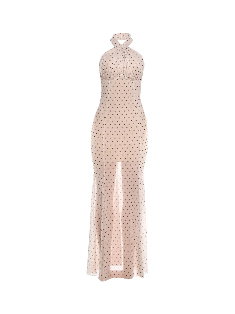 Mesh Patchwork Sexy Backless Halter Dress Women Elegant Polka Dot Print Ruched Sleeveless Simple Trend Party Long Bodycon
