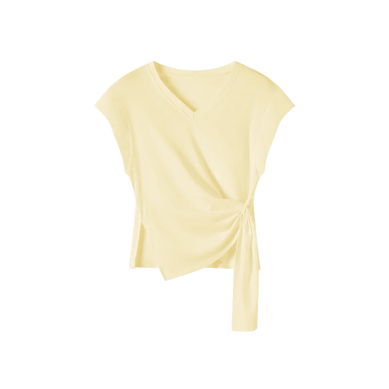 Solid Wrap T-Shirt, Side Knot V-Neck Top, Casual Cap Sleeve Cropped Tee for Women