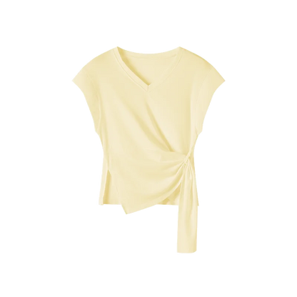 Solid Wrap T-Shirt, Side Knot V-Neck Top, Casual Cap Sleeve Cropped Tee for Women