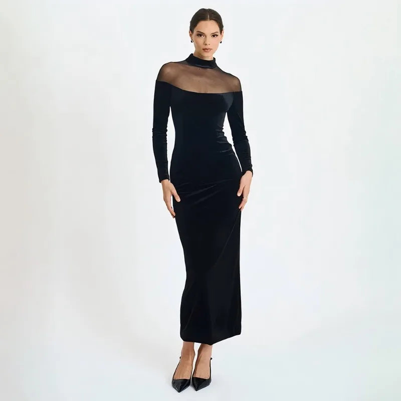 Mesh Velvet Patchwork Black Long Sleeve Maxi Dresses Elegant Woman for Party Evening Dress Autumn Winter