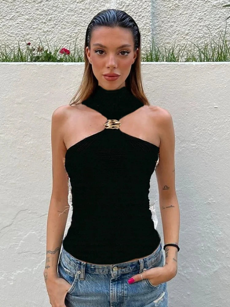 Gold Ring Turtleneck Tank Top White Sexy Sleeveless Tops Trending Women Summer Clothes 2025