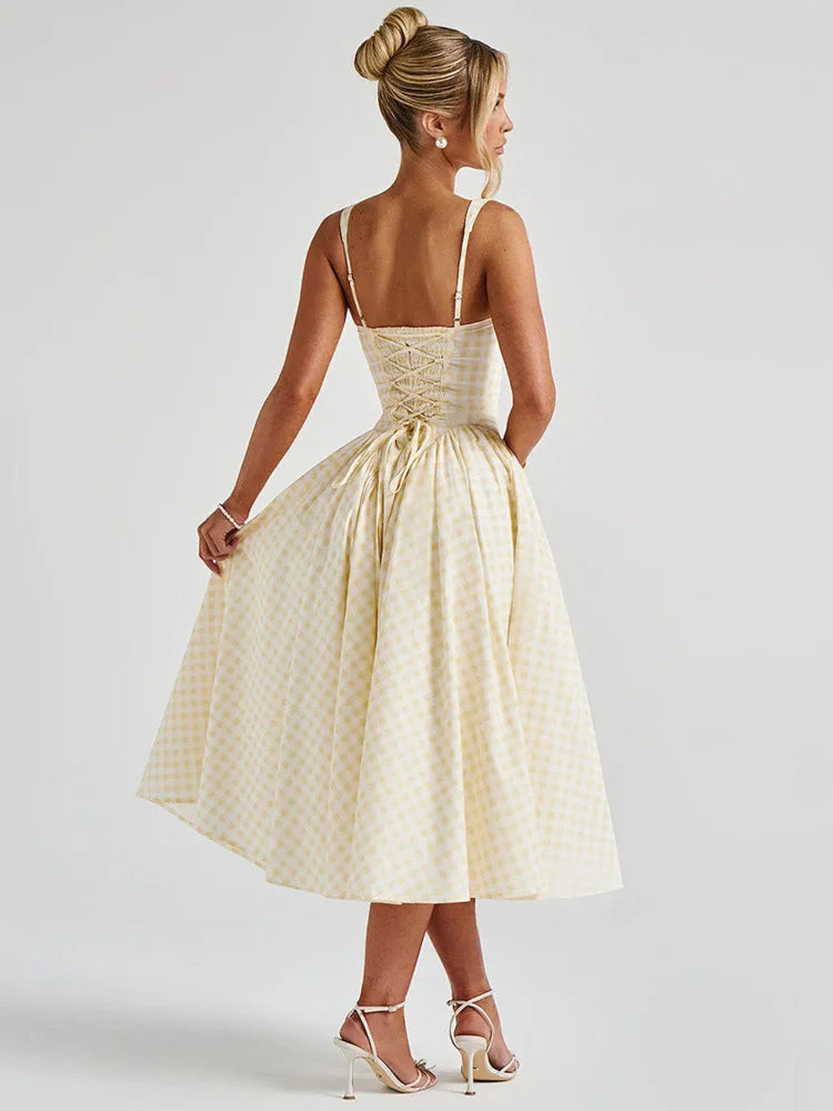 Plaid Printed Maxi Dress For Women Gown Summer New Spaghetti Strap High Waist A-line Backless Club Long Dress Vestido