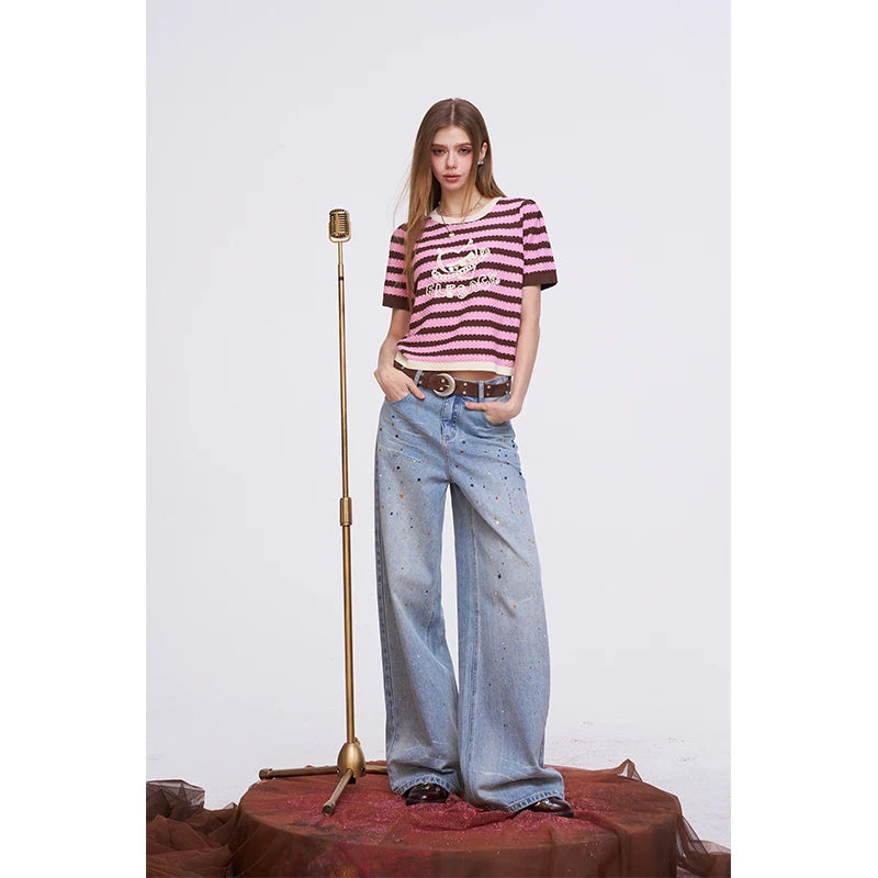 Y2K Striped Knit T-Shirt with Devil Heart Print, Retro Harajuku Short Sleeve Top, Aesthetic Slimming Knitted Jumper
