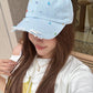 Women's Distressed Denim Baseball Cap with Colorful Beads, Light Blue Frayed Brim Hat for Beach, Sweet Street Accessory