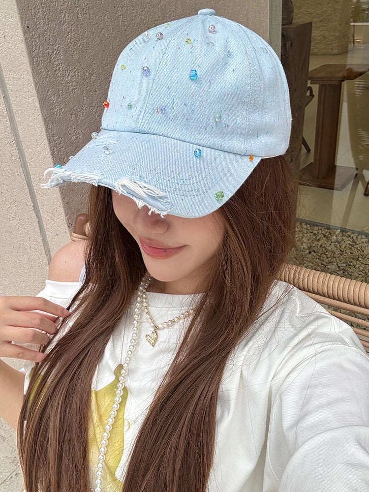 Women's Distressed Denim Baseball Cap with Colorful Beads, Light Blue Frayed Brim Hat for Beach, Sweet Street Accessory