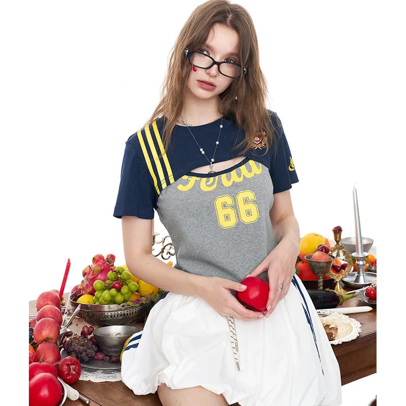 Jersey Style Cropped Top, Number 10/66 Print Sporty Tee, Layered Short Sleeve T-shirt for Women