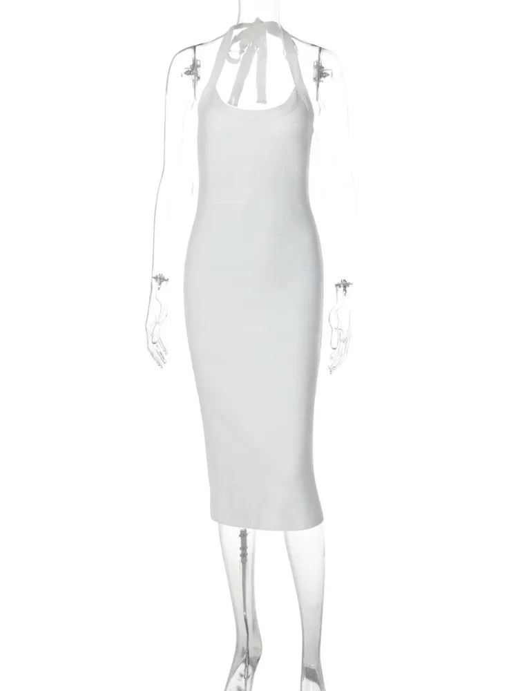 Women Halter U‑Neck Sexy Midi Dress Sleeveless Striped Bodycon Knee‑Length Dress Solid White Club Party Evening Dresses