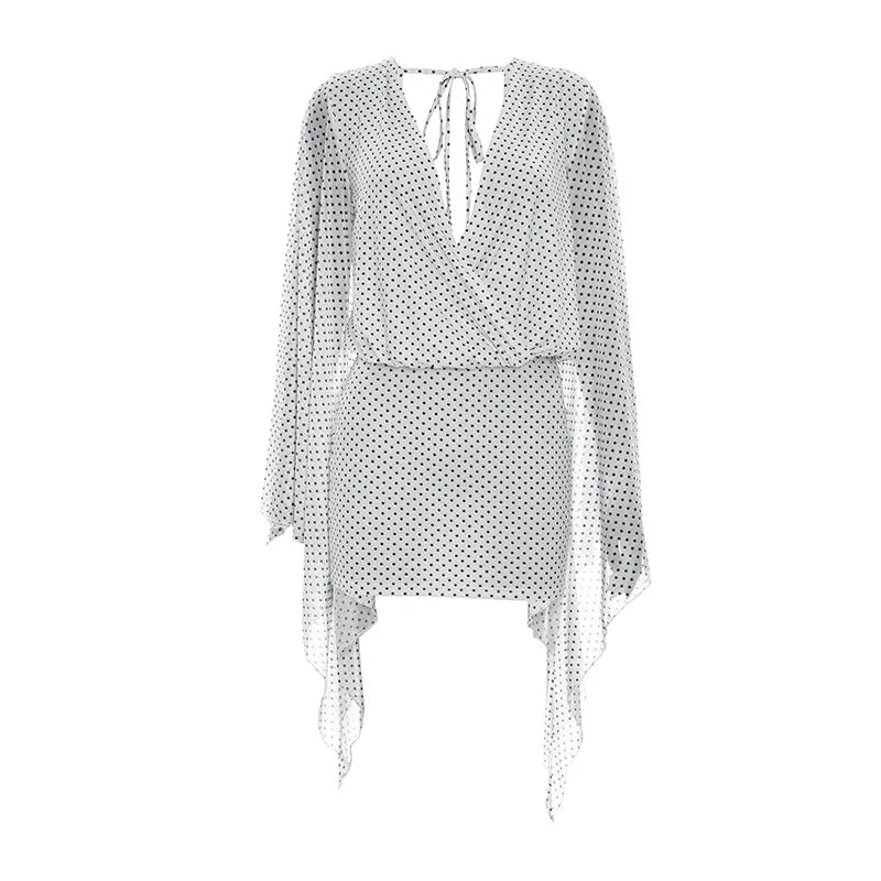 Polka Dots Print Mesh White Elegant Dresses for Woman Casual Long Sleeve Backless Mini Dress