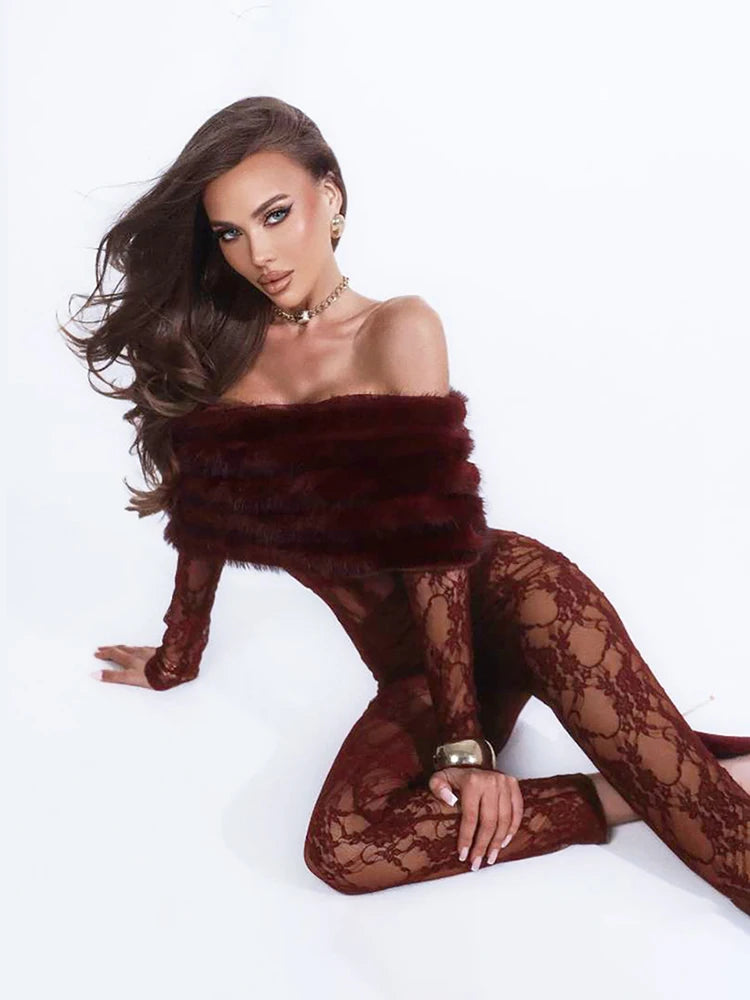 Patchwork Faux Fur Collar Jumpsuits Women See Through Skinny Sexy Midnight Coquett Fashion Street Wild Classic Outfit