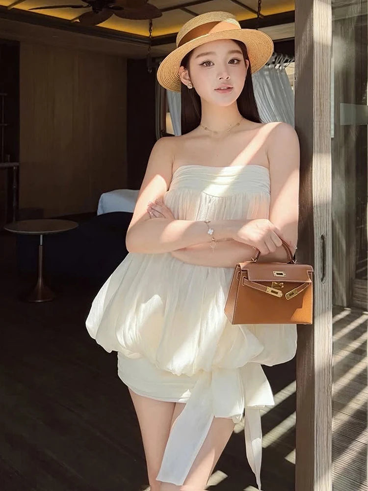 Folds Dress Women Bandage Tassel Chest Wrap Sleeveless Solid Summer Fashion Classic Elegant Party Chic Mini Bodycon