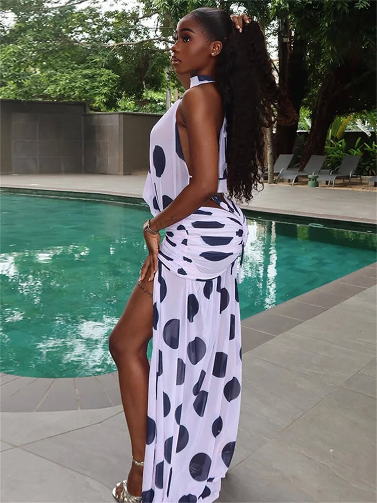 Sexy Swing Collar Dress Women Dot Print Hollow Halter Backless Bandage Split Stretch Mesh Vacation Party Vestidos
