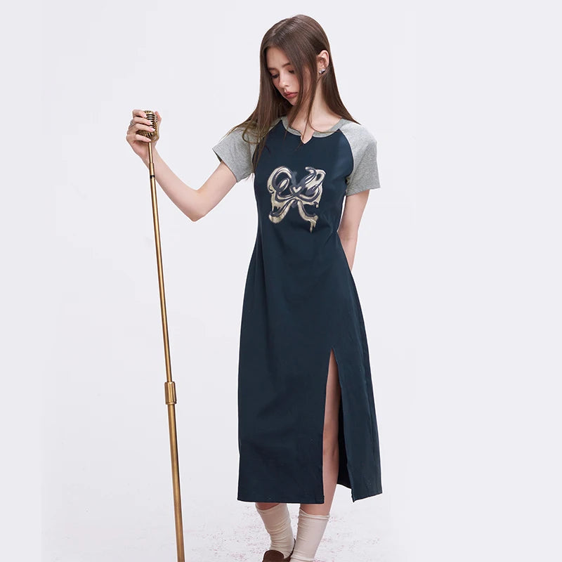 Y2K Sporty Midi Dress with Raglan Sleeve, Slim Fit Slit Dress for Women, Retro Aesthetic Streetwear Graphic Robe
