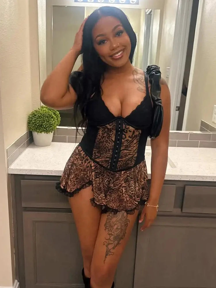 Patchwork Lace Hem Camis Dress Women Chic Y2K Sexy Leopard Print Backless Birthday Vacation Midnight Clubwear Bodycon