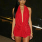 Halter Ruched Dress Women Sexy Whip Knot Backless Patchwork Elegant Stretch Christmas Peach Hip Birthday Mini Bodycon